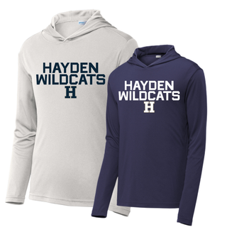 Hayden Wildcats Two Line Logo PosiCharge Competitor Hoodie in silver and navy featuring stacked block letter Hayden Wildcats text with H logo on front
