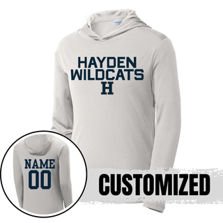 Silver Hayden Wildcats Two Line Logo PosiCharge Competitor Hoodie showing front design and back customization option with player name and number
