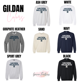 Gildan crewneck sweatshirt color options for the Hayden Wildcats Two Line Logo Top including ash grey, white, graphite heather, sand, navy, sport grey, and black
