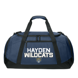 Navy and black duffel bag with Hayden Wildcats Two Line Mascot design featuring stacked block letter Hayden Wildcats text with wildcat mascot face on front panel
