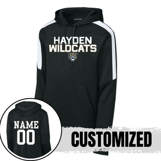 Black Hayden Wildcats Two Line Mascot Fan Favorite Hoodie showing front design and back customization option with player name and number
