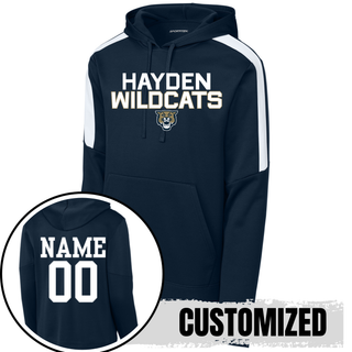 Navy Hayden Wildcats Two Line Mascot Fan Favorite Hoodie showing front design and back customization option with player name and number
