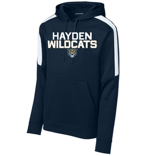 Navy Fan Favorite Hoodie with Hayden Wildcats Two Line Mascot design featuring stacked block letter Hayden Wildcats text with wildcat mascot face and white colorblock stripe sleeve detail
