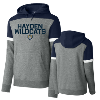 Front and back view of grey and navy Hayden Wildcats Two Line Mascot Fleece Colorblock Hoodie showing navy colorblock upper panel and white sport stripe sleeve detail

