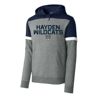 Grey and navy Hayden Wildcats Two Line Mascot Fleece Colorblock Hoodie featuring stacked block letter Hayden Wildcats text with wildcat mascot face and navy colorblock upper chest, shoulders, and hood with white sport stripe
