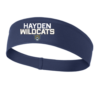 Navy performance headband with Hayden Wildcats Two Line Mascot design featuring stacked block letter Hayden Wildcats text with wildcat mascot face
