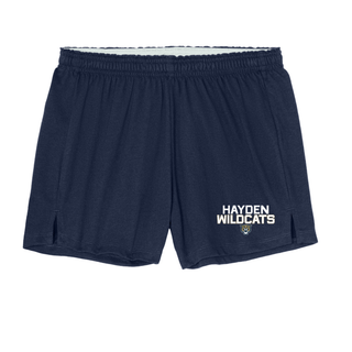 Flat lay of navy Hayden Wildcats Two Line Mascot Jersey Knit Squad Shorts showing stacked block letter Hayden Wildcats text with wildcat mascot face on left leg
