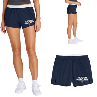 Navy Jersey Knit Squad Shorts with Hayden Wildcats Two Line Mascot design featuring stacked block letter Hayden Wildcats text with wildcat mascot face on left leg, shown front and side view on model
