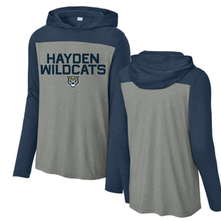 Front and back view of grey and navy Hayden Wildcats Two Line Mascot Long Sleeve Hoodie showing colorblock raglan sleeve and hood detail
