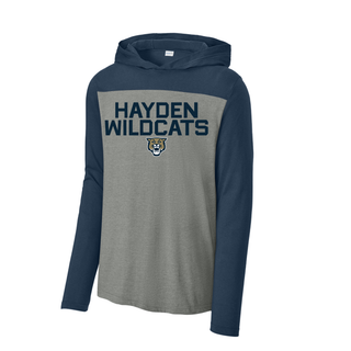 Grey and navy Hayden Wildcats Two Line Mascot Long Sleeve Hoodie featuring stacked block letter Hayden Wildcats text with wildcat mascot face and navy colorblock raglan sleeves and hood
