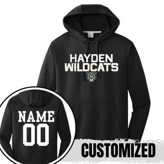 Black Hayden Wildcats Two Line Mascot Performance Hoodie showing front design and back customization option with player name and number
