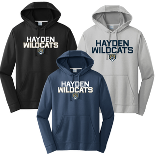 Performance hoodie color options for the Hayden Wildcats Two Line Mascot design in black, silver, and navy featuring stacked block letter Hayden Wildcats text with wildcat mascot face
