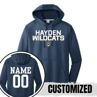 Navy Hayden Wildcats Two Line Mascot Performance Hoodie showing front design and back customization option with player name and number

