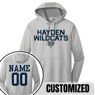 Silver Hayden Wildcats Two Line Mascot Performance Hoodie showing front design and back customization option with player name and number
