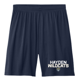 Navy Performance Shorts with Hayden Wildcats Two Line Mascot design featuring stacked block letter Hayden Wildcats text with wildcat mascot face on left leg

