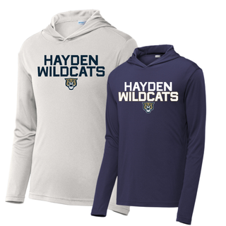 PosiCharge Competitor Hoodie color options for the Hayden Wildcats Two Line Mascot design in silver and navy featuring stacked block letter Hayden Wildcats text with wildcat mascot face