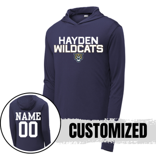 Navy Hayden Wildcats Two Line Mascot PosiCharge Competitor Hoodie showing front design and back customization option with player name and number
