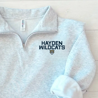 Ash grey Quarter Zip Pullover with Hayden Wildcats Two Line Mascot design featuring stacked block letter Hayden Wildcats text with wildcat mascot face on left chest
