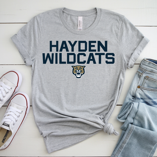 Athletic heather tee with Hayden Wildcats Two Line Mascot design featuring stacked navy block letter Hayden Wildcats text with wildcat mascot face below
