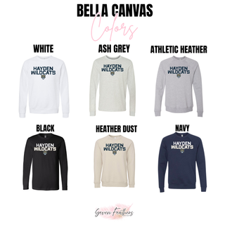 Bella Canvas color options for the Hayden Wildcats Two Line Mascot Top including white, ash grey, athletic heather, black, heather dust, and navy crewneck and long sleeve styles
