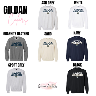 Gildan crewneck sweatshirt color options for the Hayden Wildcats Two Line Mascot Top including ash grey, white, graphite heather, sand, navy, sport grey, and black

