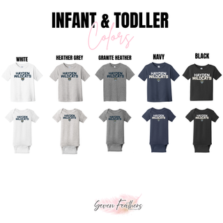 Infant and toddler color options for the Hayden Wildcats Two Line Mascot Top including white, heather grey, granite heather, navy, and black tees and onesies
