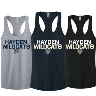 Women's Racerback Tank color options for the Hayden Wildcats Two Line Mascot design in heather grey, midnight navy, and black featuring stacked block letter Hayden Wildcats text with wildcat mascot face
