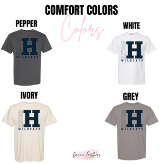 Hayden Wildcats Varsity H design with a distressed navy letter H and gold outline on a spirit-wear top.