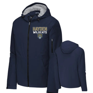 Navy Hayden Wildcats waterproof insulated jacket flat lay front and back with wildcat mascot design
