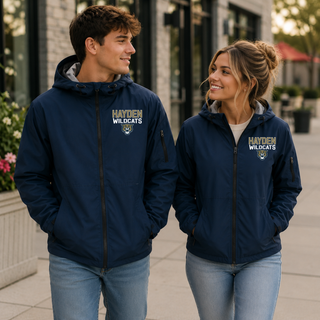 Man and woman wearing navy Hayden Wildcats waterproof insulated jackets Topeka Kansas
