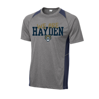 Grey and navy Hayden Wildcats we are hayden colorblock contender tee with gold script overlay and wildcat mascot on front
