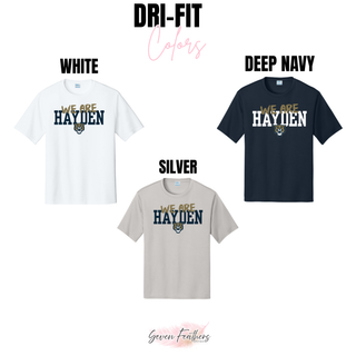 Dri-Fit Performance Top color options for the Hayden Wildcats We Are Hayden design in white, deep navy, and silver

