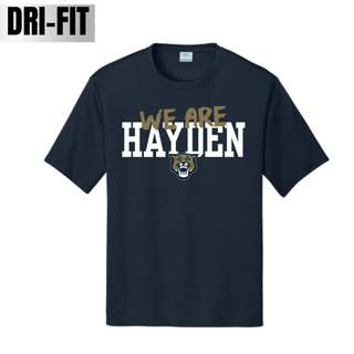 Deep navy Dri-Fit Performance Top with We Are Hayden design featuring gold we are text above bold block Hayden text with wildcat mascot face below
