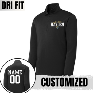 Black we are hayden dri-fit quarter zip with gold script overlay left chest design and personalized name and number back
