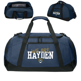 Navy Hayden Wildcats we are hayden duffle bag interior and side pocket detail views
