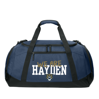 Navy and black Hayden Wildcats we are hayden duffle bag with gold script overlay, bold block hayden text, and wildcat mascot on front panel
