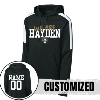 Black Hayden Wildcats we are hayden fan favorite hoodie with white colorblock stripe sleeve and custom name and number on back
