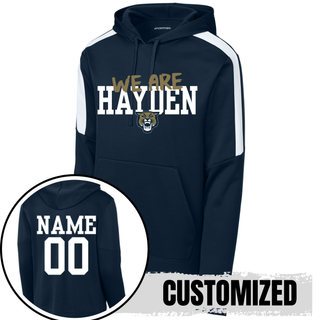 Navy we are hayden fan favorite hoodie showing front design and personalized name and number on back with white colorblock sleeve detail
