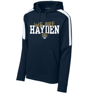 Navy Hayden Wildcats we are hayden fan favorite hoodie with white colorblock stripe sleeve, gold script overlay, and wildcat mascot
