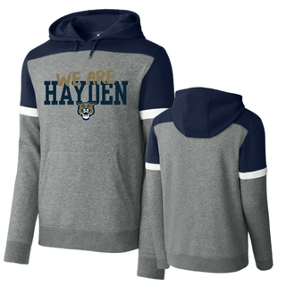 Front and back view of grey and navy we are hayden fleece colorblock hoodie showing white stripe sleeve accent and clean back panel
