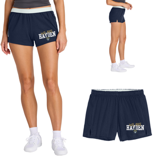 Navy Hayden Wildcats we are hayden jersey knit squad shorts worn by a woman showing front design and side slit detail
