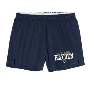 Navy jersey knit squad shorts with we are hayden design featuring gold script overlay, bold block hayden text, and wildcat mascot on left leg
