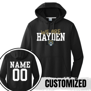 Black Hayden Wildcats we are hayden performance hoodie showing front design and back name and number customization option
