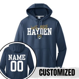 Navy we are hayden performance hoodie with gold script we are text, bold block hayden lettering, and custom name and number back
