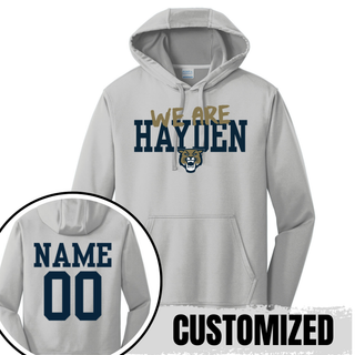 Silver Hayden Wildcats we are hayden performance hoodie with front wildcat mascot design and personalized name and number on back
