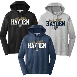 We are Hayden performance hoodie with wildcat mascot in black, silver, and navy with gold script overlay
