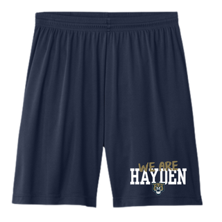 Navy Hayden Wildcats we are hayden performance shorts with gold script overlay, bold block hayden text, and wildcat mascot on left leg
