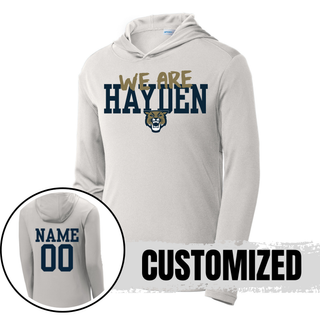 Silver we are hayden PosiCharge Competitor Hoodie with front wildcat mascot design and personalized name and number on back
