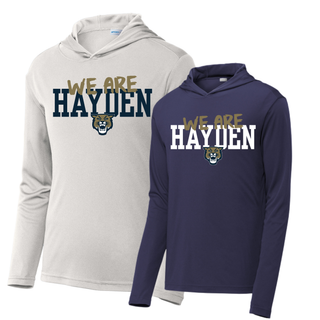 Hayden Wildcats we are hayden PosiCharge Competitor Hoodie in silver and navy with gold script and wildcat mascot
