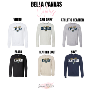 Bella Canvas color options for the Hayden Wildcats We Are Hayden Top including white, ash grey, athletic heather, black, heather dust, and navy crewneck and long sleeve styles
